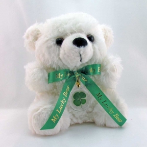 White Lucky Teddy Bear with a Four Leaf Clover